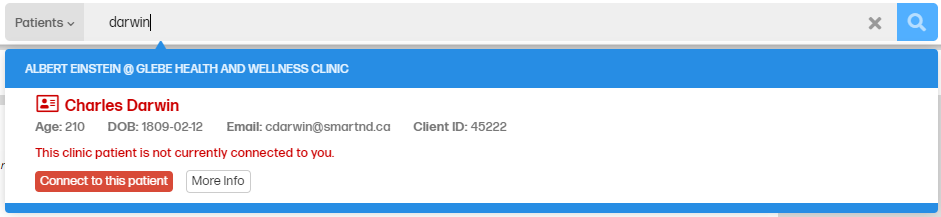 for practitioners - how to see if a patient is not connected to practitioner, and how to connect to that patient - shows the main search bar at the top of the interface with a patient search showing a patient not connected to the practitioner